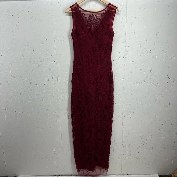 JS Collections Women's size 4 Ruby Red Chiffon Soutache Mesh Column Maxi Dress - Picture 6 of 17